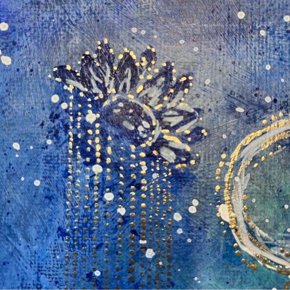 Abstract Acrylic Dream Catcher Blue and Gold Mini Painting, 6x6" - Picture 2 of 10